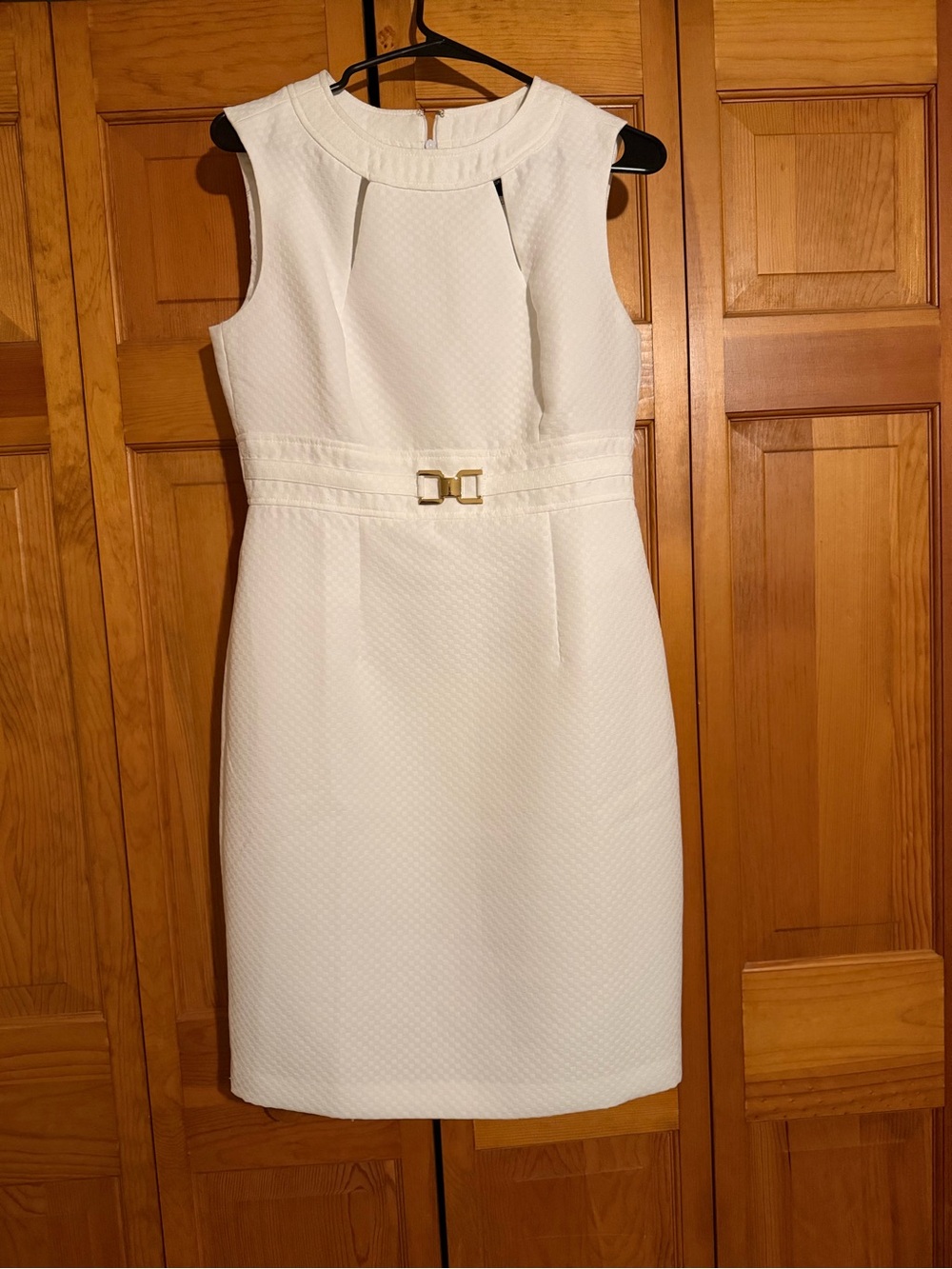 Sleeveless White Textured Sheath Dress with Gold Waist Buckle
